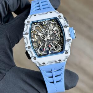 Richard Mille white carbon fiber sports watch—skeletonized dial and blue rubber strap