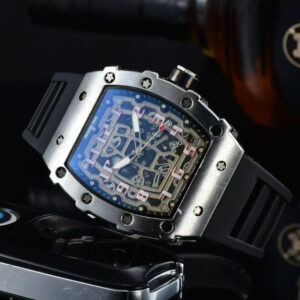Richard Mille white carbon fiber sports watch—skeletonized dial and blue rubber strap
