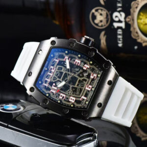 Richard Mille white carbon fiber sports watch—skeletonized dial and blue rubber strap