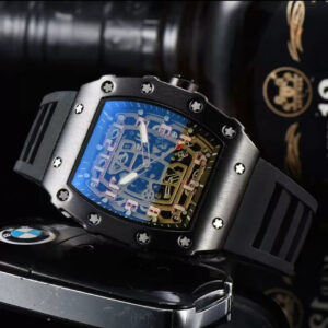Richard Mille white carbon fiber sports watch—skeletonized dial and blue rubber strap