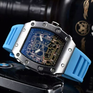Richard Mille white carbon fiber sports watch—skeletonized dial and blue rubber strap