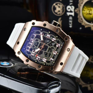 Richard Mille white carbon fiber sports watch—skeletonized dial and blue rubber strap