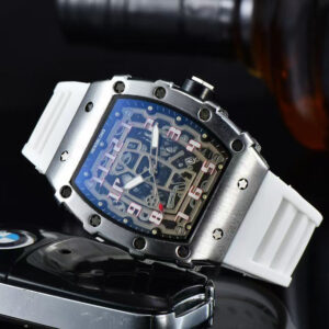 Richard Mille white carbon fiber sports watch—skeletonized dial and blue rubber strap
