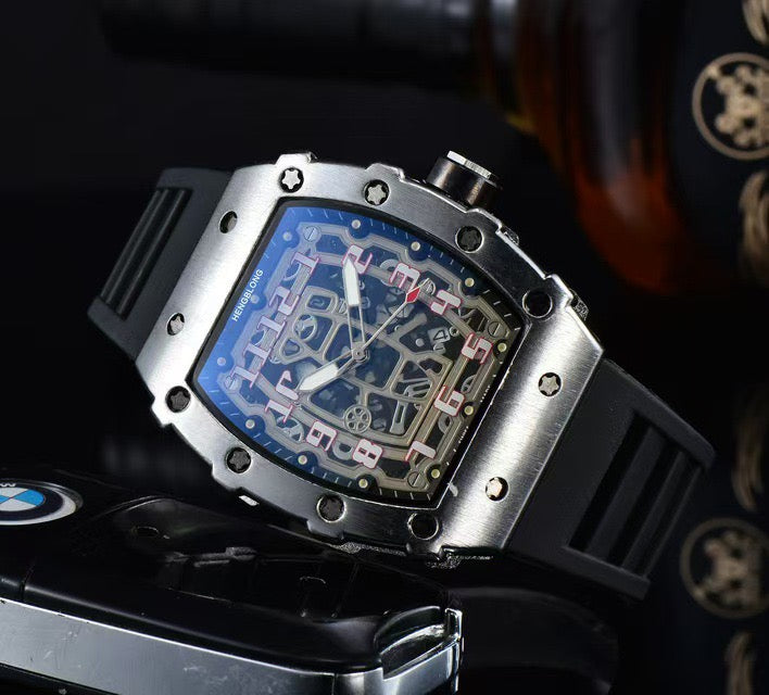 Richard Mille white carbon fiber sports watch—skeletonized dial and blue rubber strap