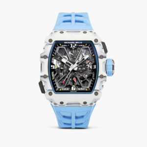 Richard Mille white carbon fiber sports watch—skeletonized dial and blue rubber strap