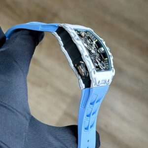 Richard Mille white carbon fiber sports watch—skeletonized dial and blue rubber strap
