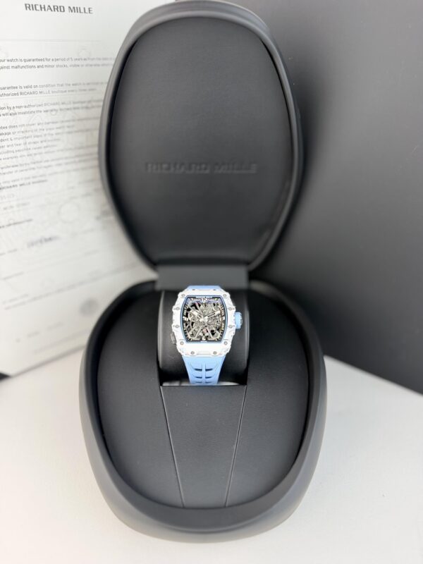 Richard Mille white carbon fiber sports watch—skeletonized dial and blue rubber strap