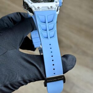 Richard Mille white carbon fiber sports watch—skeletonized dial and blue rubber strap