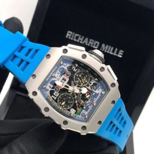 Richard Mille white carbon fiber sports watch—skeletonized dial and blue rubber strap