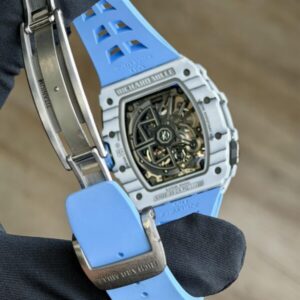 Richard Mille white carbon fiber sports watch—skeletonized dial and blue rubber strap