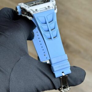 Richard Mille white carbon fiber sports watch—skeletonized dial and blue rubber strap